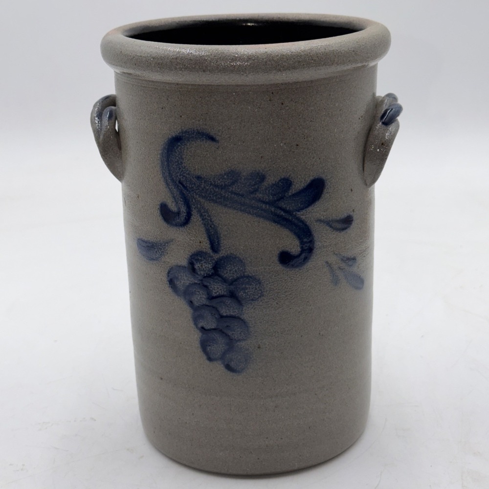 Rowe Vintage 1997 Pottery Works 9x6 Salt Glaze Blue Grapes Wine Crock Handles